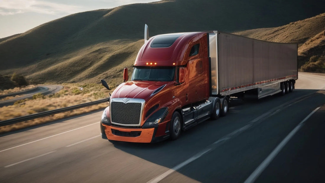 Red semi truck with trailer driving on open highway through rolling hills
