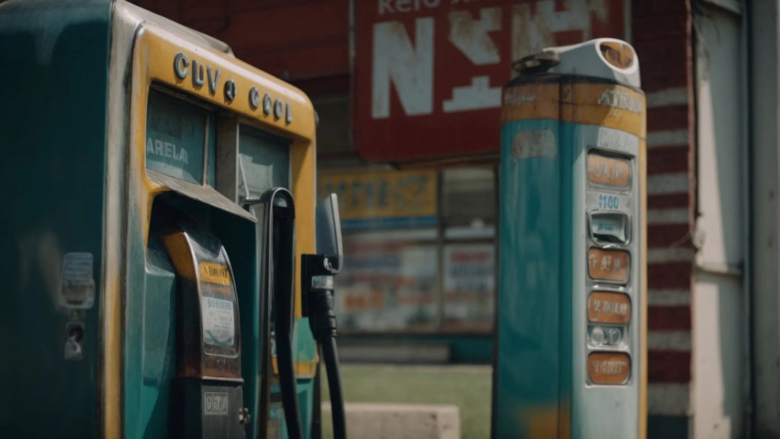 Close-up of vintage gas pumps at an old service station, outdoor daytime scene