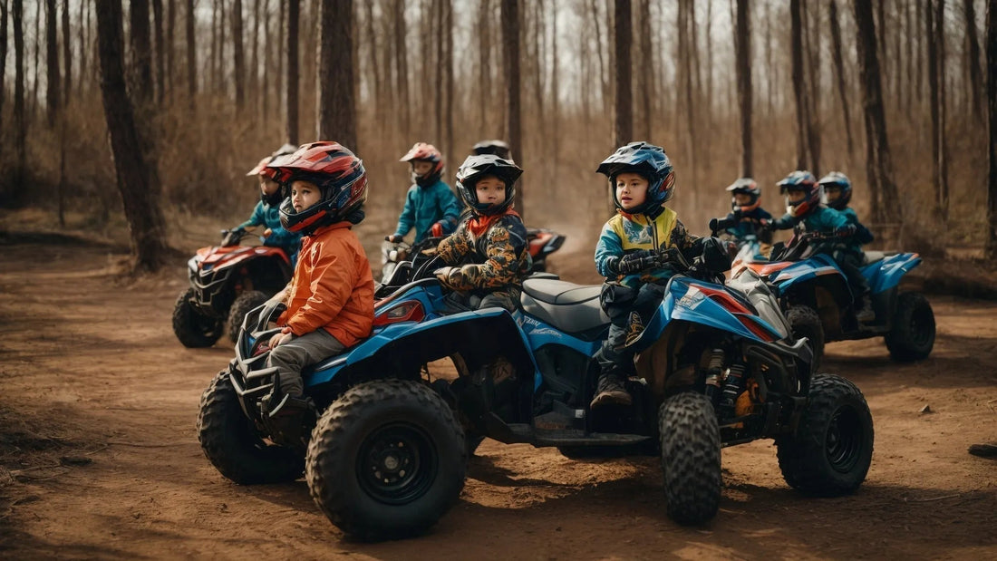 Kids riding youth ATVs with helmets in a forest, safe outdoor recreation vehicles