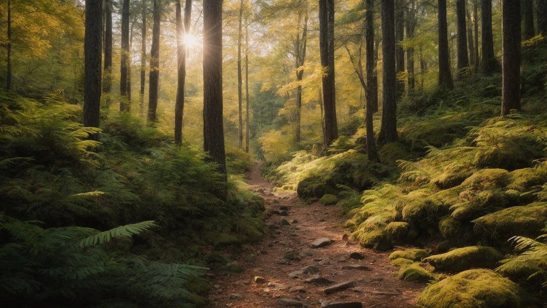 Dirt trail through green forest with sunlight filtering, ideal for off-road ATV and dirt bike riding