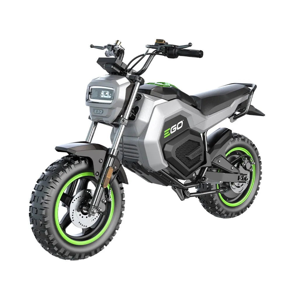 Electric dirt bike with knobby tires, LED headlight, and green accents for off-road riding