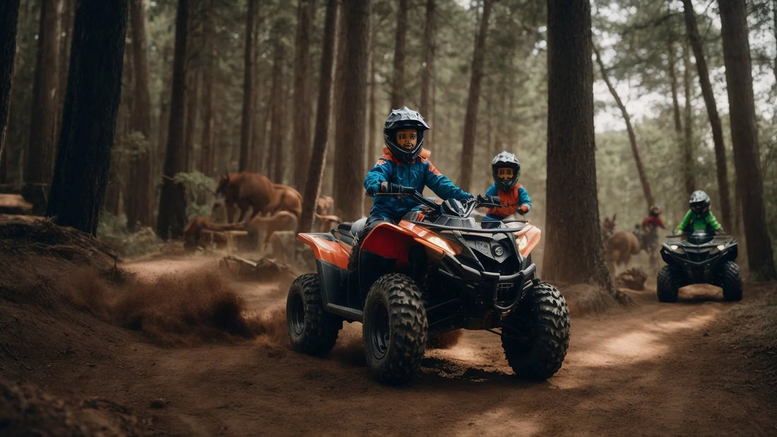 Kids riding ATVs on a dirt trail in a forest, wearing helmets and safety gear