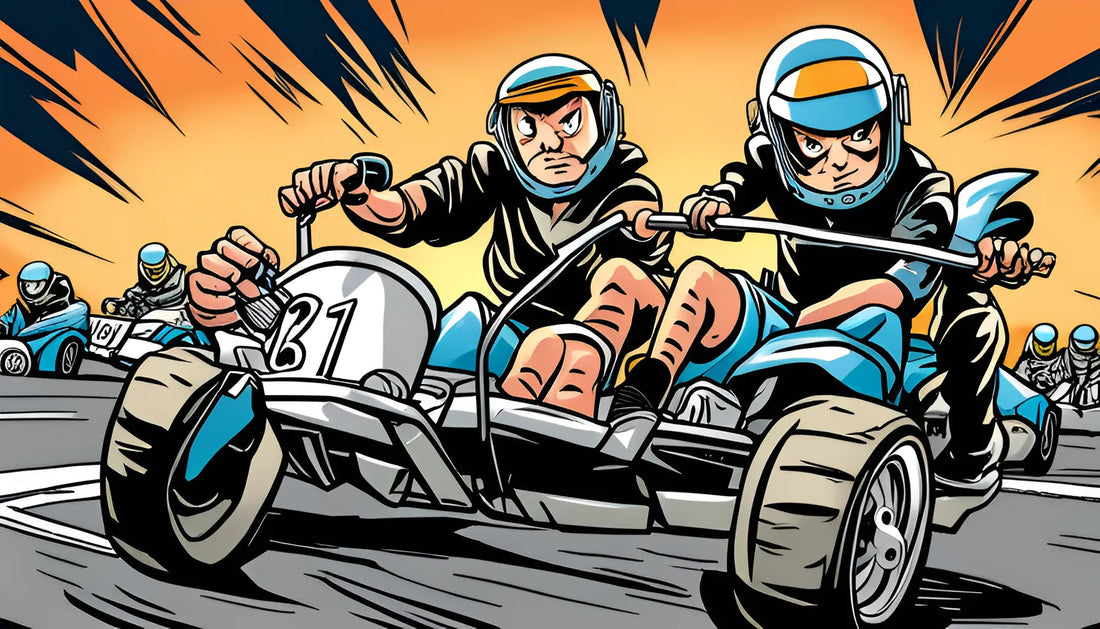 Cartoon racers in helmets driving go-karts at high speed on a track with dramatic background