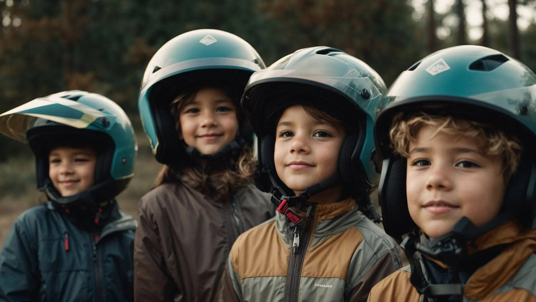 Four children in outdoor jackets wearing ATV helmets, smiling in a forest setting