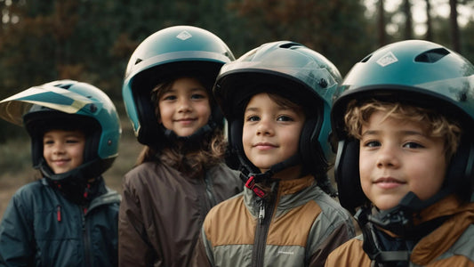 Four children in outdoor jackets wearing ATV helmets, smiling in a forest setting