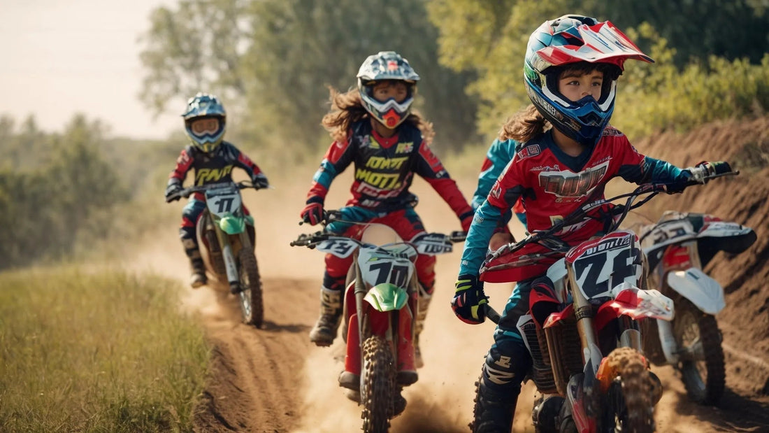 Kids riding dirt bikes on a dusty outdoor trail in motocross helmets and gear