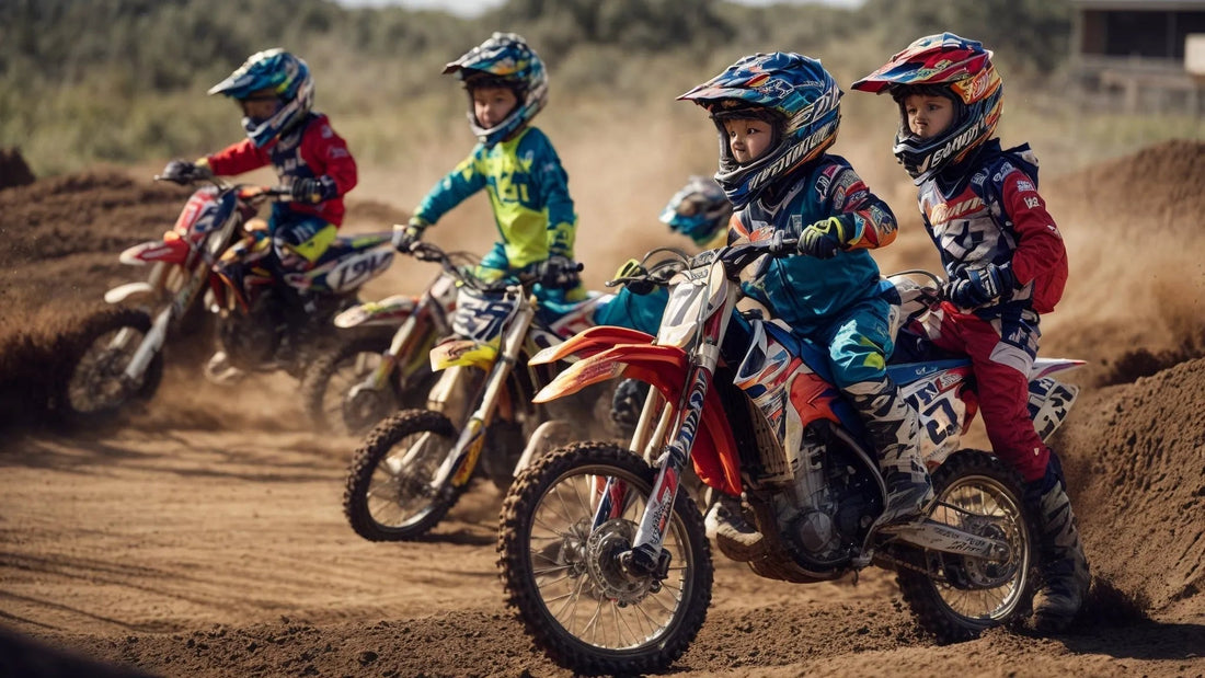 Kids riding dirt bikes on a sandy motocross track wearing helmets and colorful gear