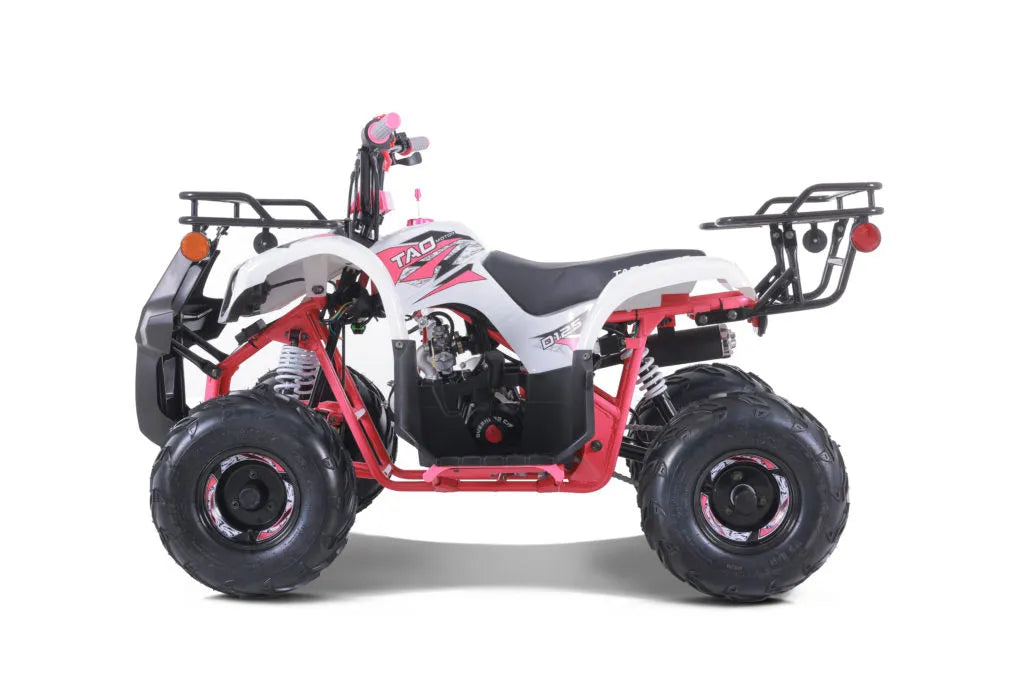 White and red youth ATV with black wheels, rear racks, and off-road tires on white background.