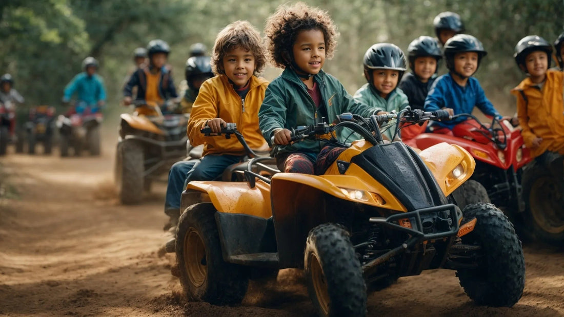 Kids riding yellow ATVs on a dirt path outdoors, wearing helmets and jackets, group activity