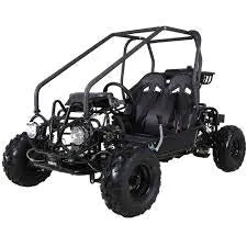 Black off-road go-kart with roll cage, dual seats, rugged tires, and front headlights