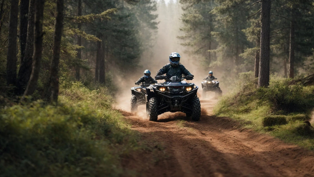 Group riding ATVs on forest dirt trail, outdoor powersports adventure