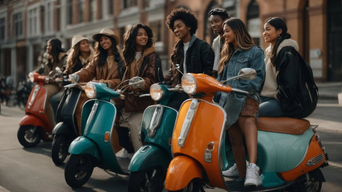 Group of young adults sitting on colorful scooters outdoors in an urban setting