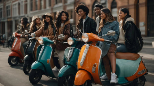 Group of young adults sitting on colorful scooters outdoors in an urban setting