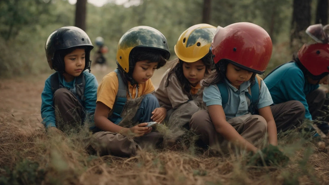 Kids wearing helmets sitting outdoors in a forest, ready for ATV or dirt bike activities