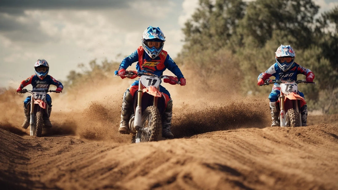 Three kids riding dirt bikes on a sandy outdoor motocross trail, kicking up dust.