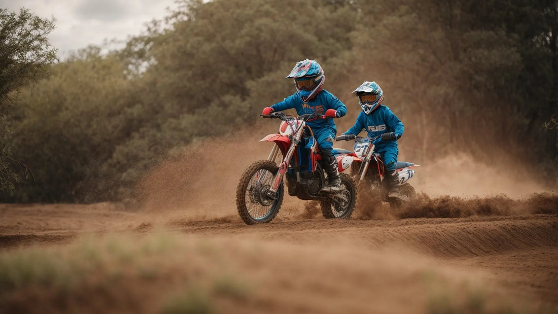 Two kids riding dirt bikes on a sandy outdoor trail, wearing blue motocross gear and helmets