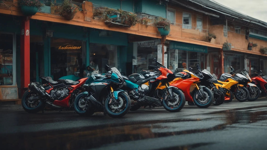 Row of colorful sport motorcycles parked on wet street in front of vintage shops