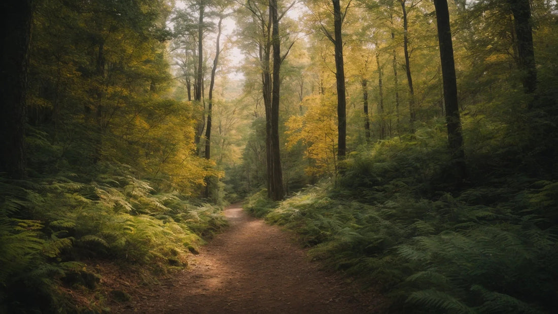 Dirt trail winding through dense green and yellow forest, ideal for off-road ATVs and outdoor adventure.