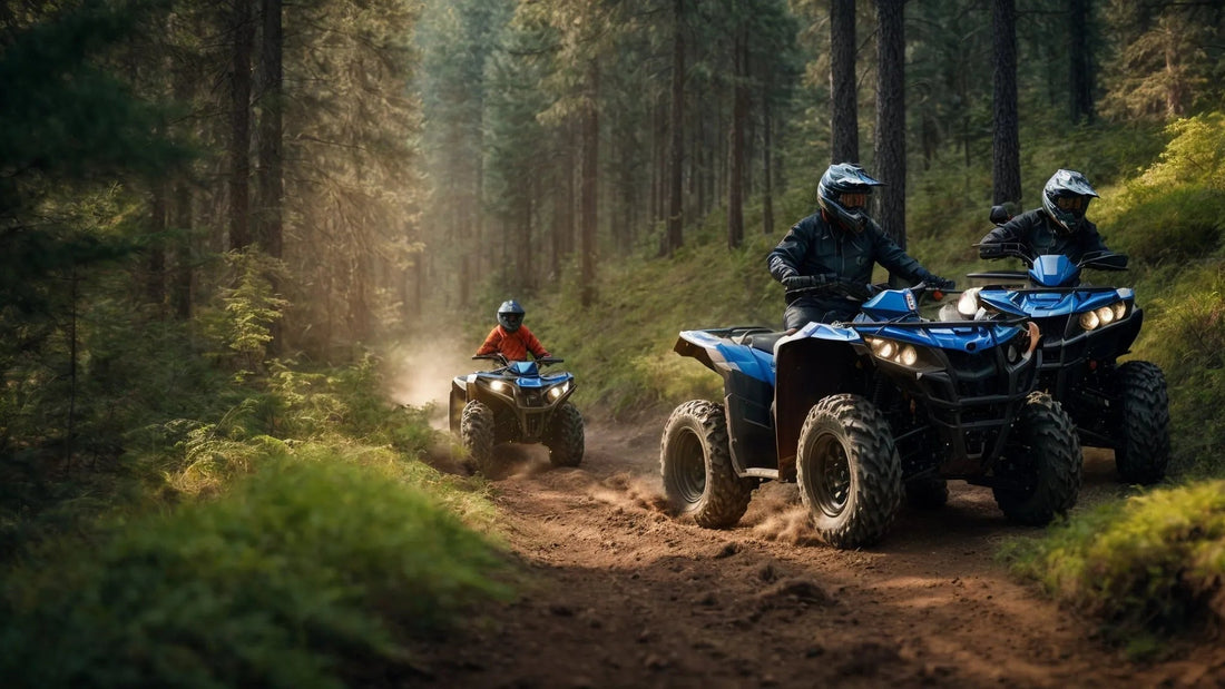 Riders driving blue all terrain vehicles on a dirt trail in a forest