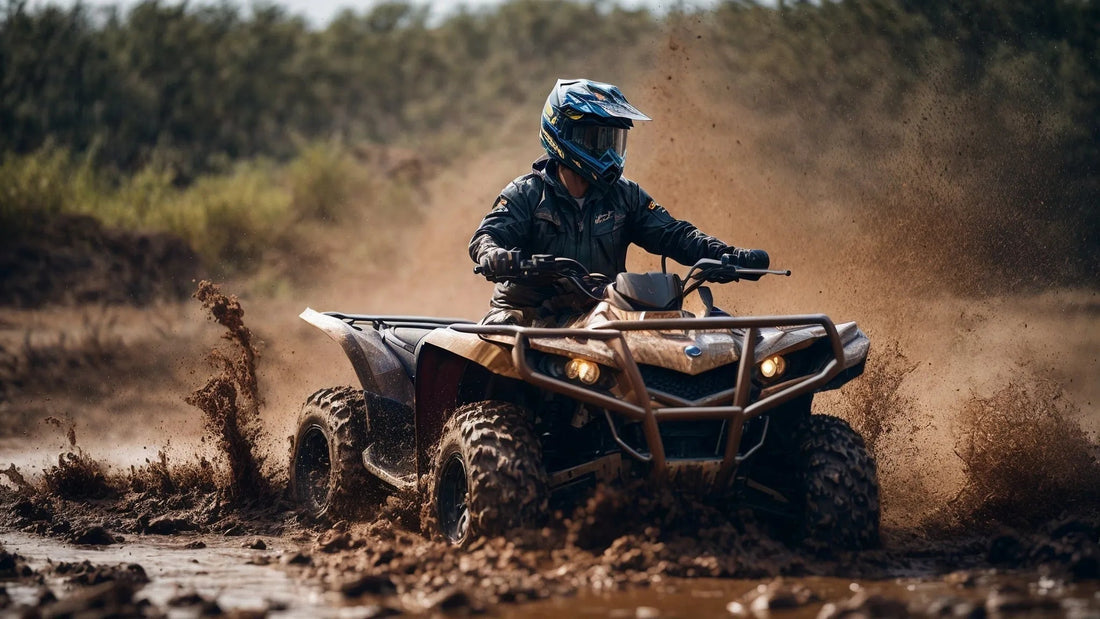Rider on ATV drives through muddy off-road terrain, splashing dirt and water outdoors