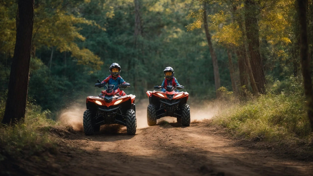 Two riders on red ATVs driving through a dirt forest trail, wearing helmets and gear.
