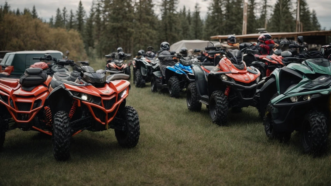 Group of ATVs parked on grass with riders in helmets, outdoor forest background
