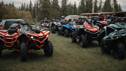 Group of ATVs parked on grass with riders in helmets, outdoor forest background