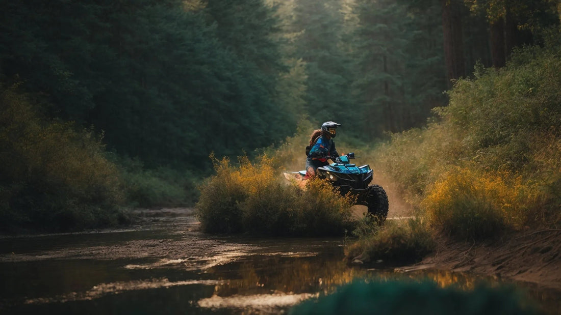 Person riding ATV in forest along muddy creek trail, outdoor adventure vehicle