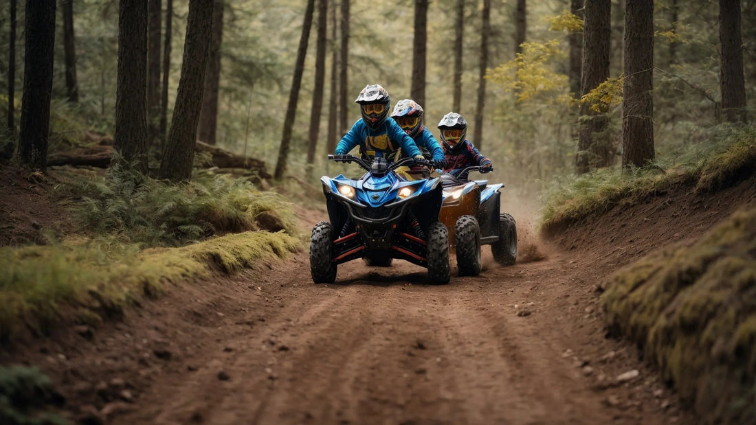 Three people riding ATVs on a dirt trail in a forest, wearing helmets and safety gear.