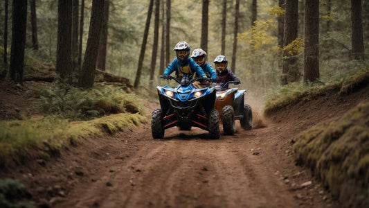 Three people riding ATVs on a dirt trail in a forest, wearing helmets and safety gear.