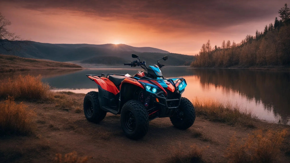 Red and blue ATV parked by a lake at sunset, surrounded by autumn trees and mountains.