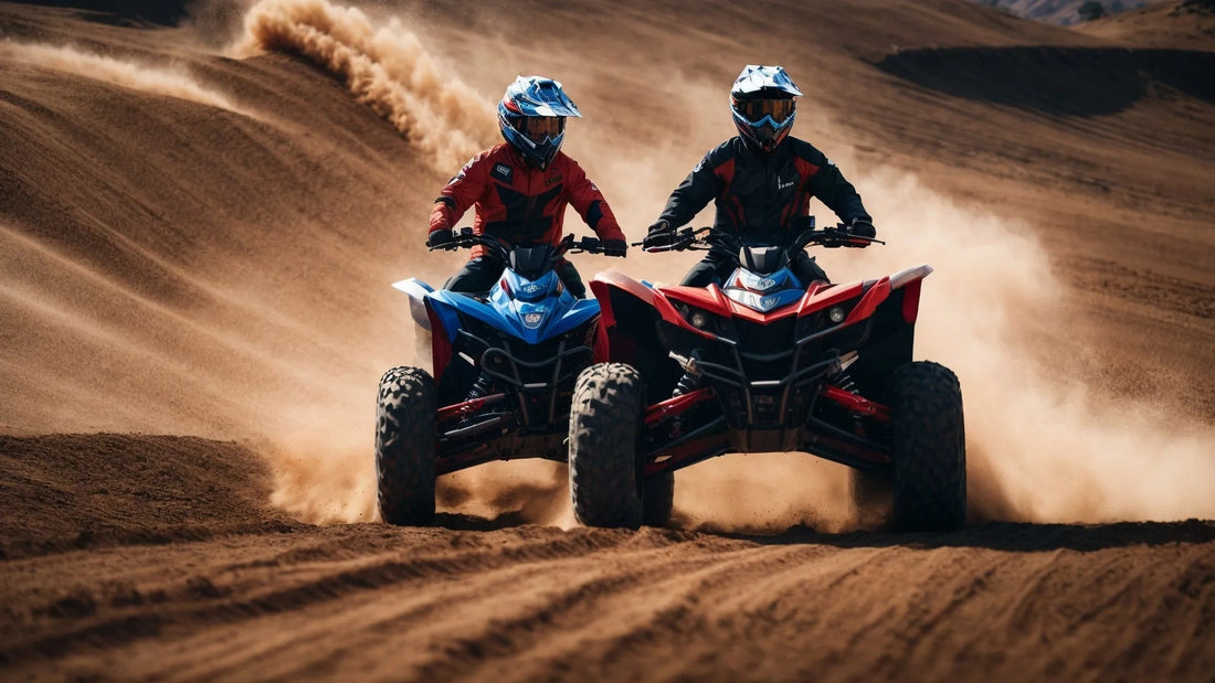 Two riders on sporty ATVs racing side by side on sandy off-road terrain