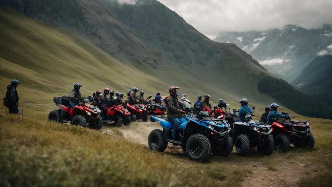 Group of riders on ATVs in a scenic mountain valley, wearing helmets and outdoor gear.