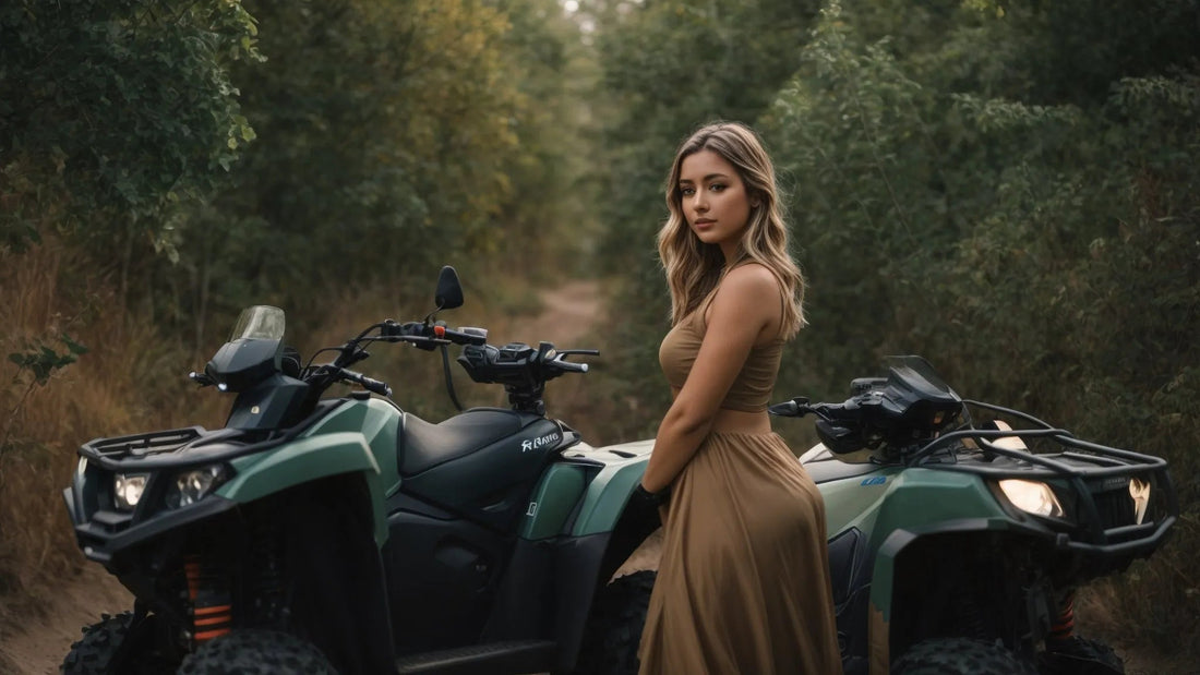 Woman in tan dress standing between two green ATVs on a forest dirt trail