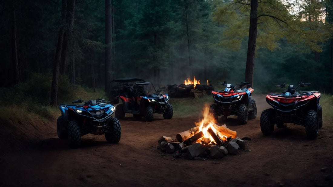ATVs and a side-by-side around a campfire in a forest setting, off-road powersports vehicles