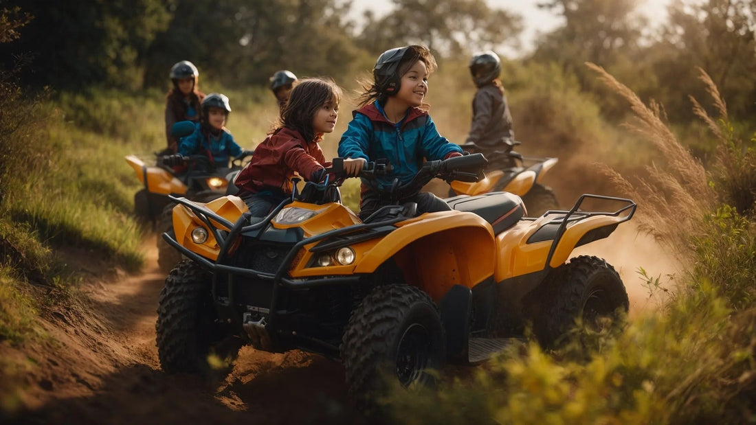 Kids riding yellow ATVs on a dirt trail outdoors, wearing helmets and jackets