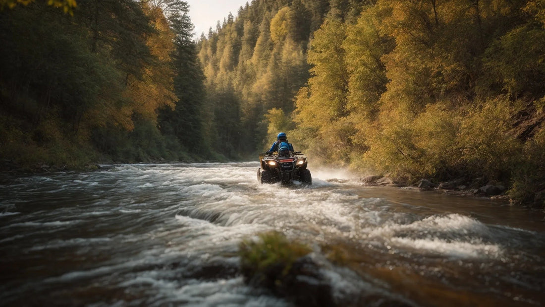 ATV rider crossing a river in a scenic forest with autumn foliage
