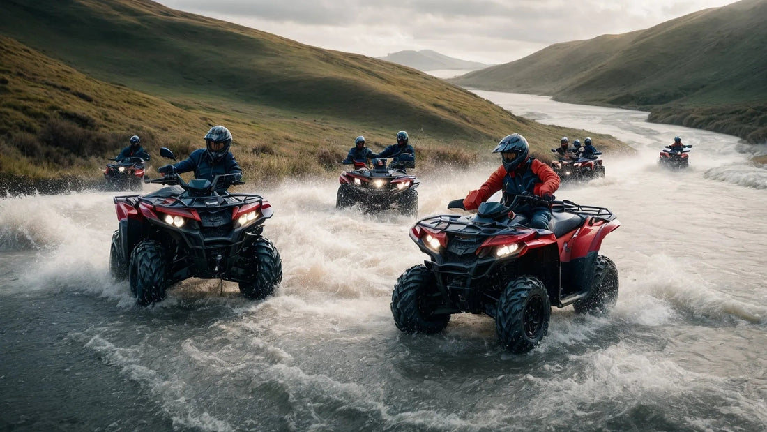 Group riding ATVs through river with helmets, rugged outdoor adventure landscape