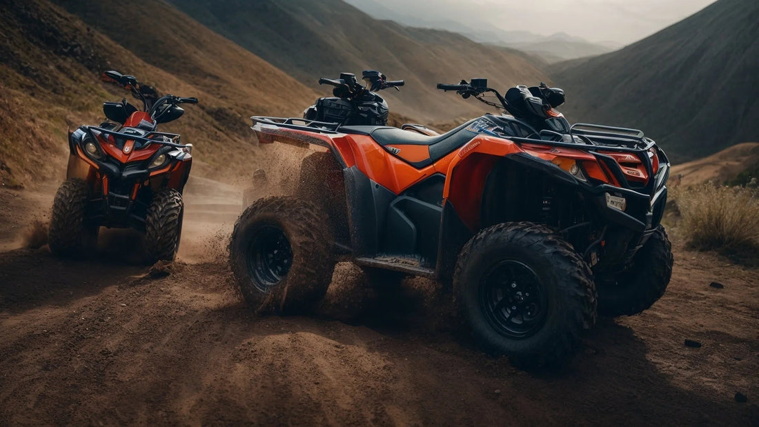 Two orange ATVs driving on a dirt trail in rugged mountain terrain, off-road vehicles