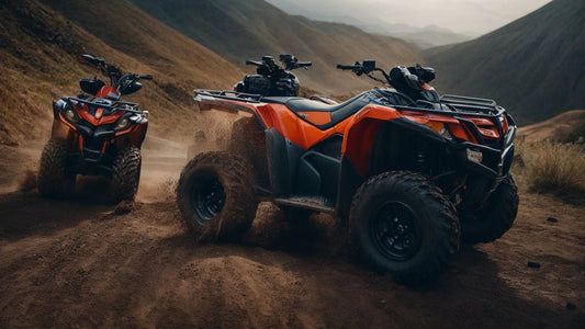 Two orange ATVs driving on a dirt trail in rugged mountain terrain, off-road vehicles