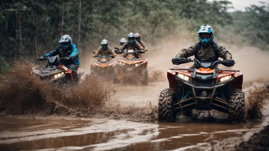 Group riding ATVs through muddy trail, off-road adventure, helmets, and splash action