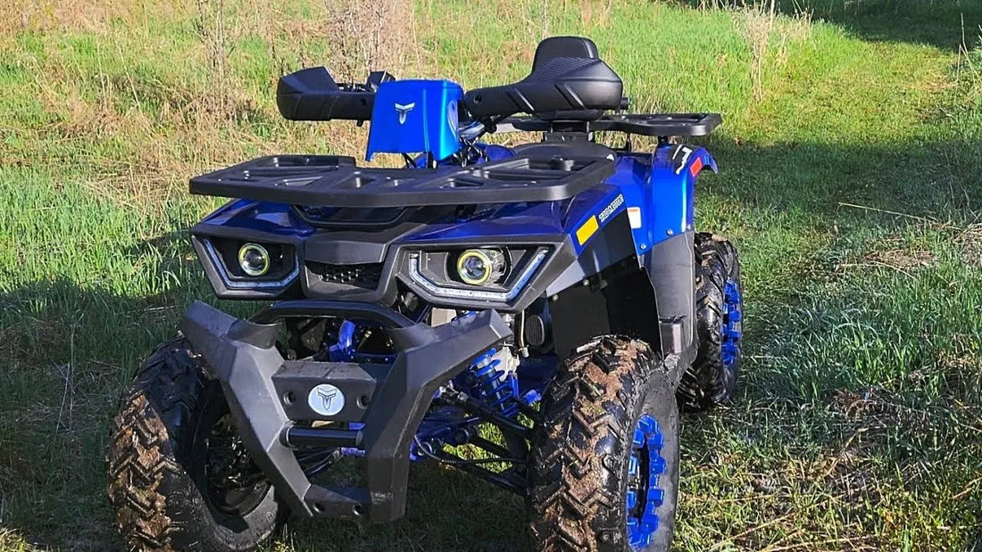 Blue all-terrain ATV with rugged tires and front cargo rack parked on grassy field