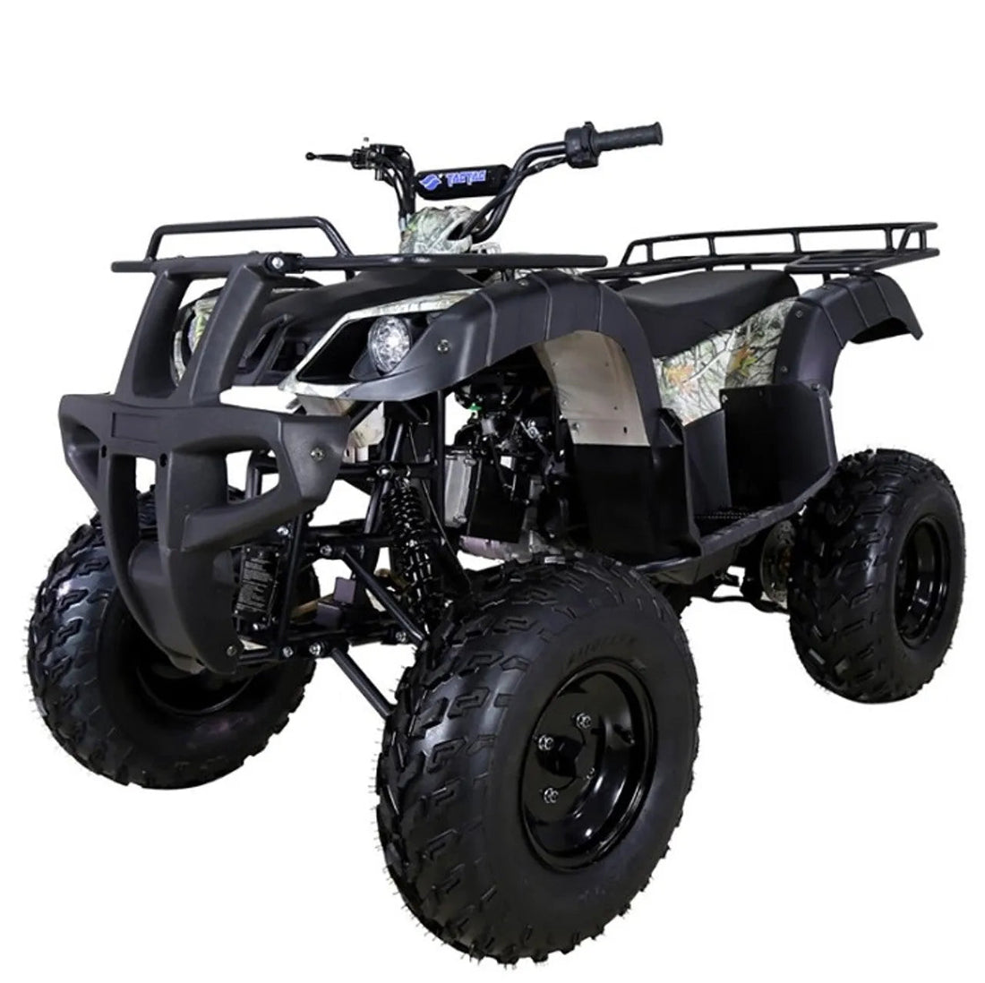 Black youth ATV with rugged off-road tires and camo accents on a white background