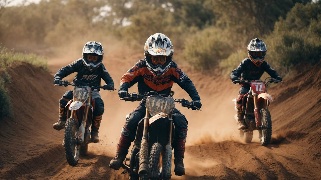 Three youth riders in helmets racing dirt bikes on a sandy outdoor trail.
