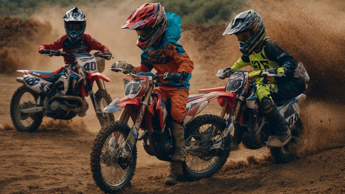 Kids riding dirt bikes on a sandy motocross track, wearing colorful motocross gear and helmets