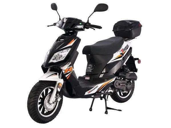 Black and white motor scooter with cargo box and sporty graphics on white background
