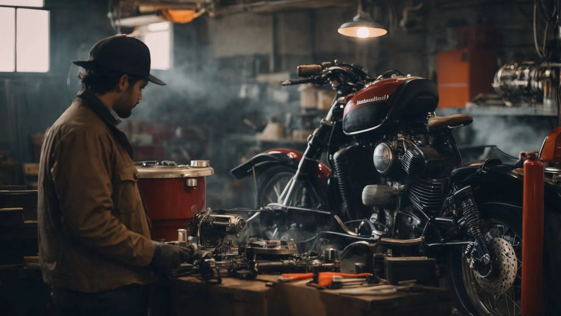 Man working on motorcycle repair in a garage with tools and parts on workbench