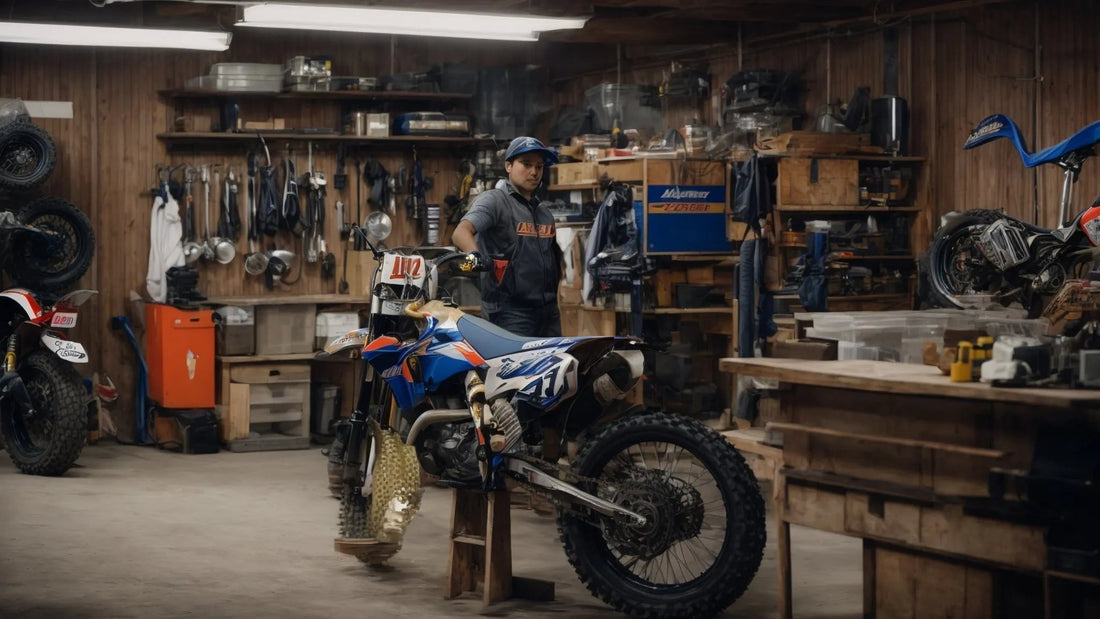 Dirt bike in a workshop with tools and off-road tires, person standing beside bike