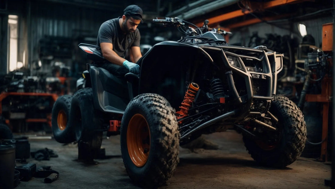 Mechanic working on an all-terrain ATV with rugged tires in a workshop setting