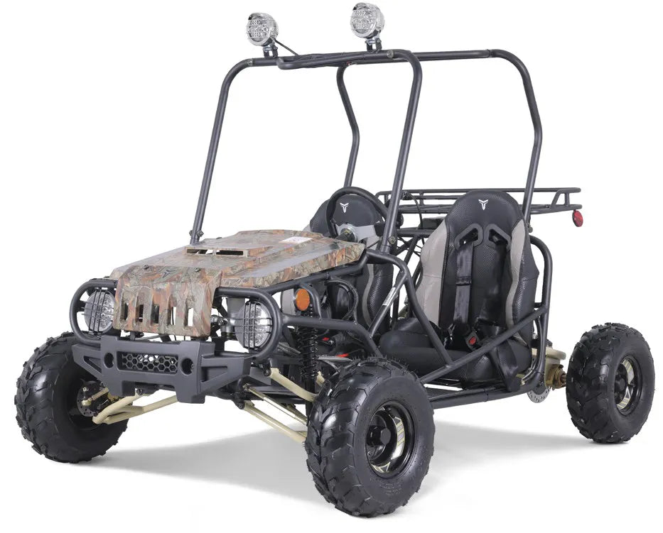 Two-seat camo go-kart with off-road tires, front lights, and roll cage for kids or adults